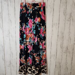 SPLA Vibrant Floral Wide Leg Pants with Leopard Accent Small
